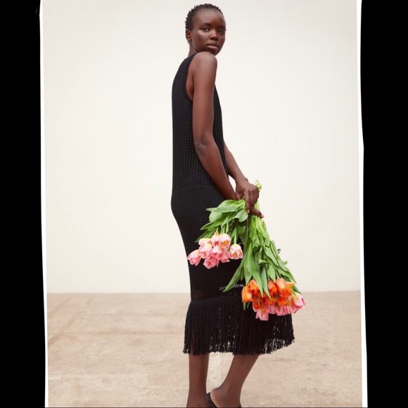 Nwt Zara Black Knit Fringe Midi Dress 